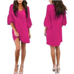 NWT Summer Dress Sweet &‎ Cute V-Neck Bell Sleeve Shift Dress Mini Dress SIZE S